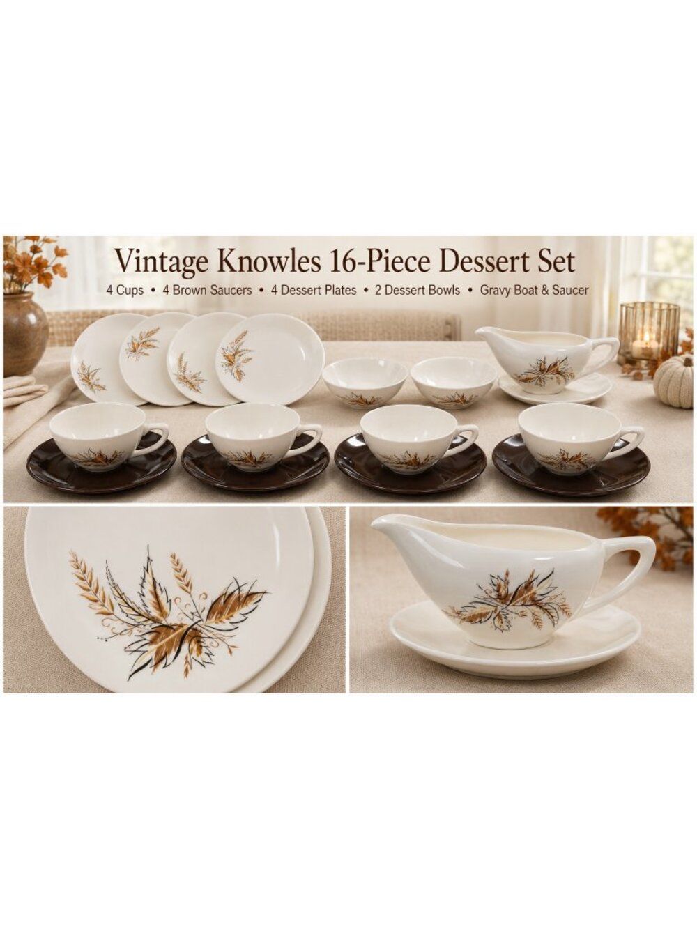 Vintage Knowles Leaf Wheat Dessert Set 16pc Cups Plates Bowls Gravy Boat USA
